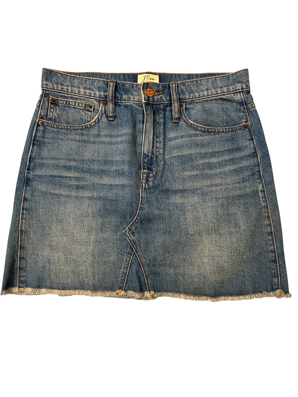 Vintage J. Crew Blue Denim Mini Skirt with Raw Hem. 100% cotton. Size 28.